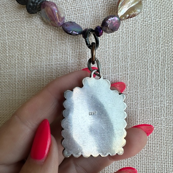 Purple Agate pendant sterling silver necklace African trade brass beads abalone - Picture 8 of 10